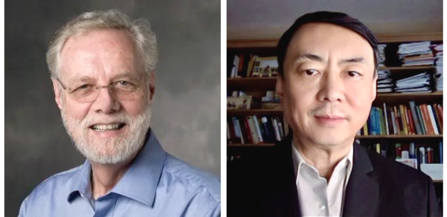 On the left is a picture of Dr. Ron Davis, who has white hair, glasses, and a beard, and is smiling while wearing a light blue shirt. On the right is a picture of Dr. Wenzhong Xiao, who has black hair and is wearing a dark suit jacket over a light-colored shirt.