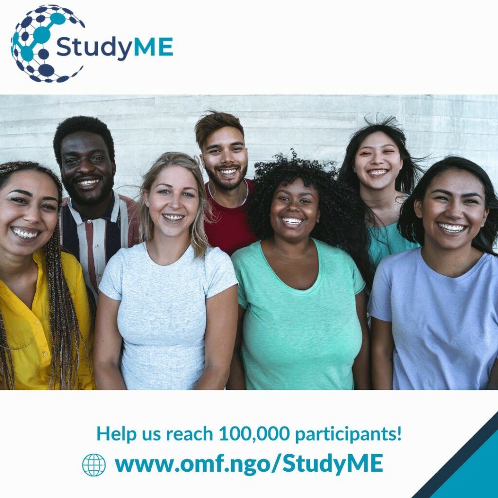 The image features the StudyME logo at the top left, which includes a stylized globe of interconnected circles in blue and teal, accompanied by the text "StudyME." Below the logo, a group of eight diverse, smiling individuals stands together, suggesting community and collaboration. At the bottom, the text reads: "Help us reach 100,000 participants!"