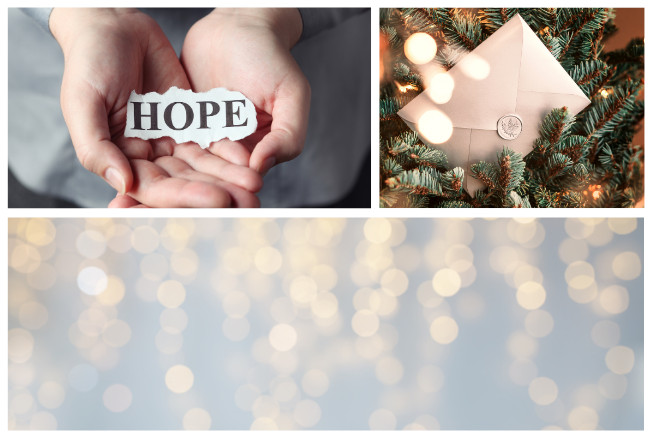 The image is a collage consisting of three sections: the top left features a pair of hands gently holding a piece of paper with the word "HOPE" printed on it. The top right section shows an envelope sealed with a wax stamp, placed amidst the branches of a tree, with soft, warm lights. The bottom section presents a blurred background with golden bokeh lights against a neutral backdrop.