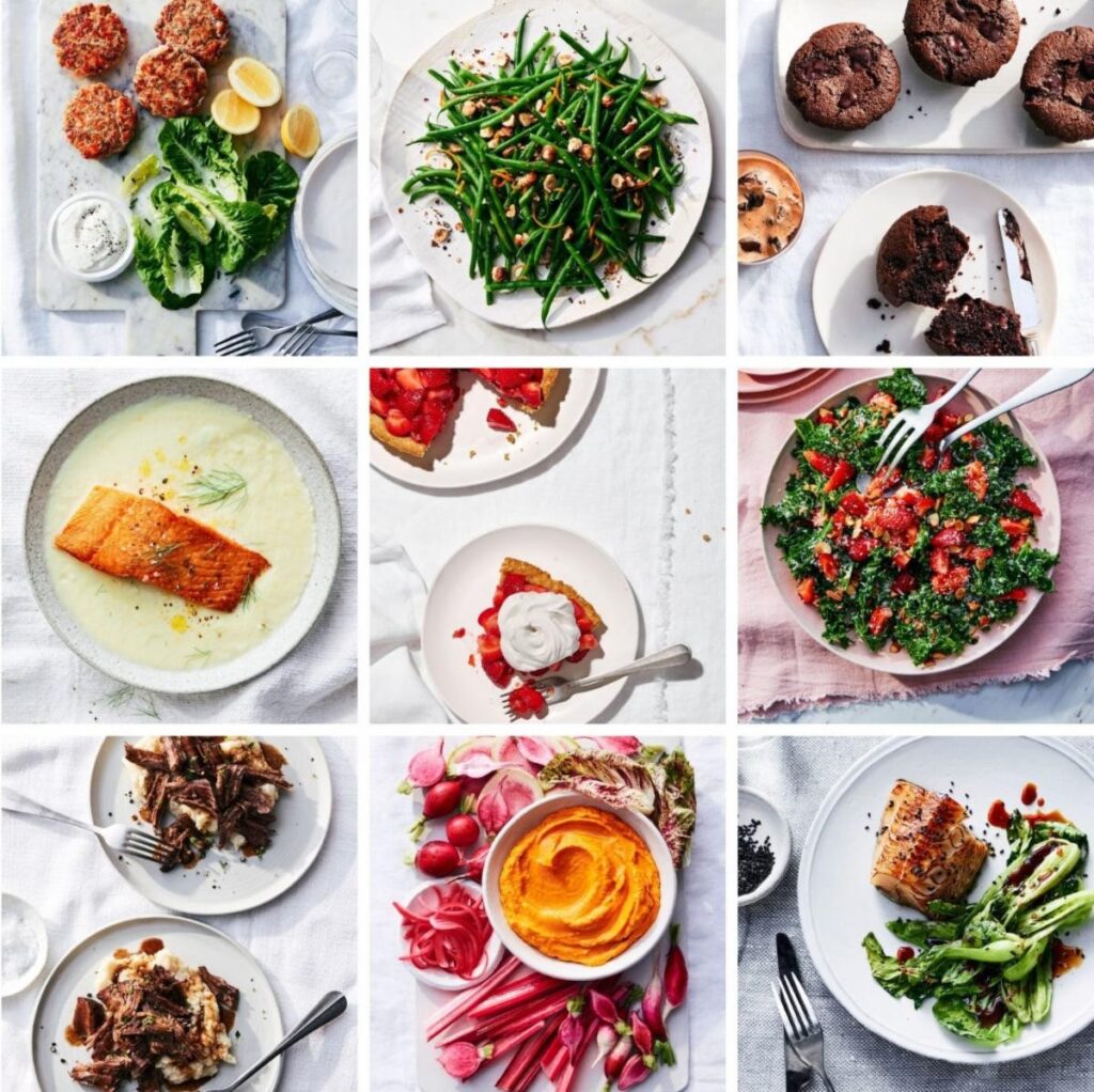 A collage of colorful, healthy dishes, including salmon patties with lemon, green beans with nuts, chocolate muffins, creamy salmon, strawberry tart, kale salad, braised meat with mashed potatoes, grilled fish with greens, and assorted veggies with orange dip.
